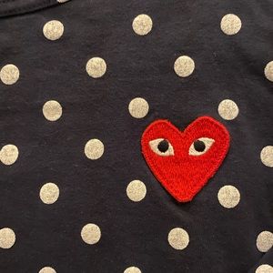 CDG polka dot navy long sleeve, with heart patch on left side